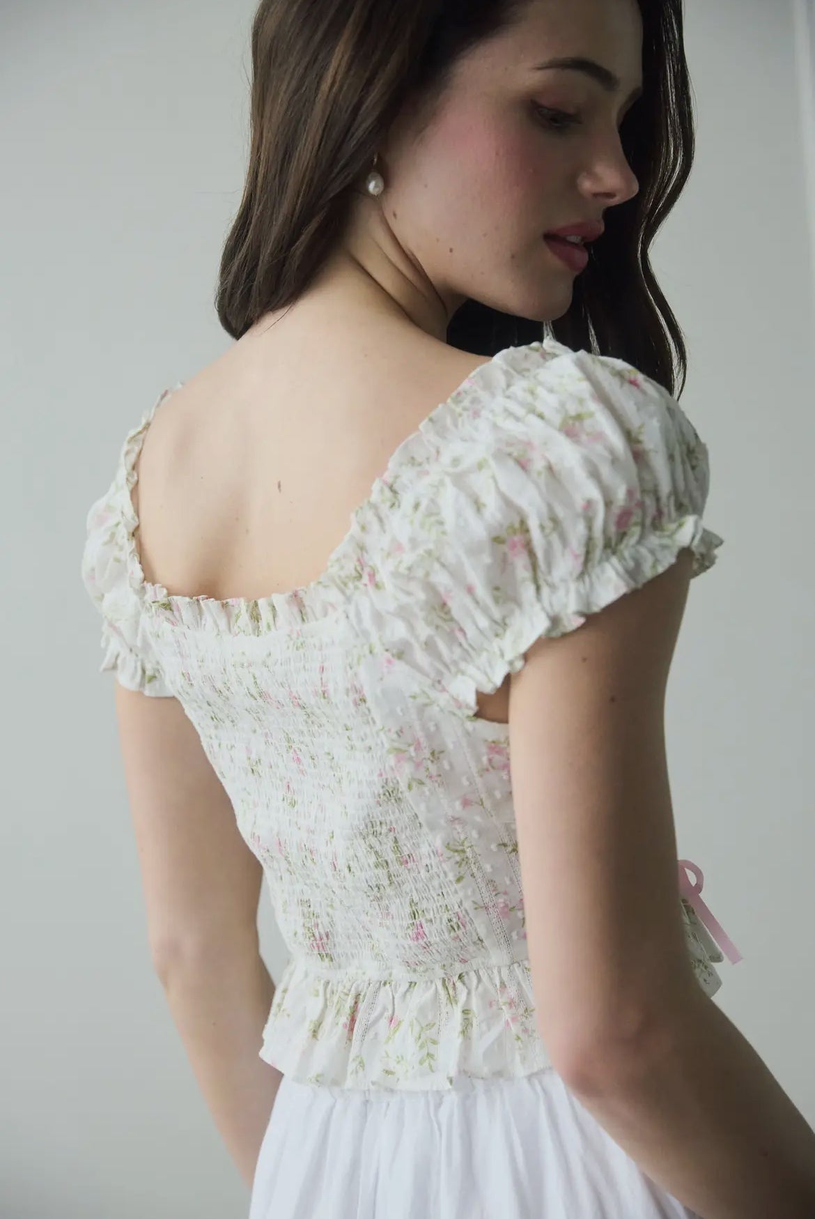 Floral Ribbon Detail Crop Top-Pink