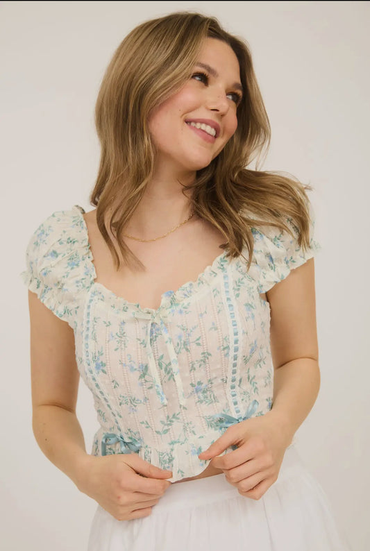 Floral Dot Ribbon Detail Crop Top- Blue