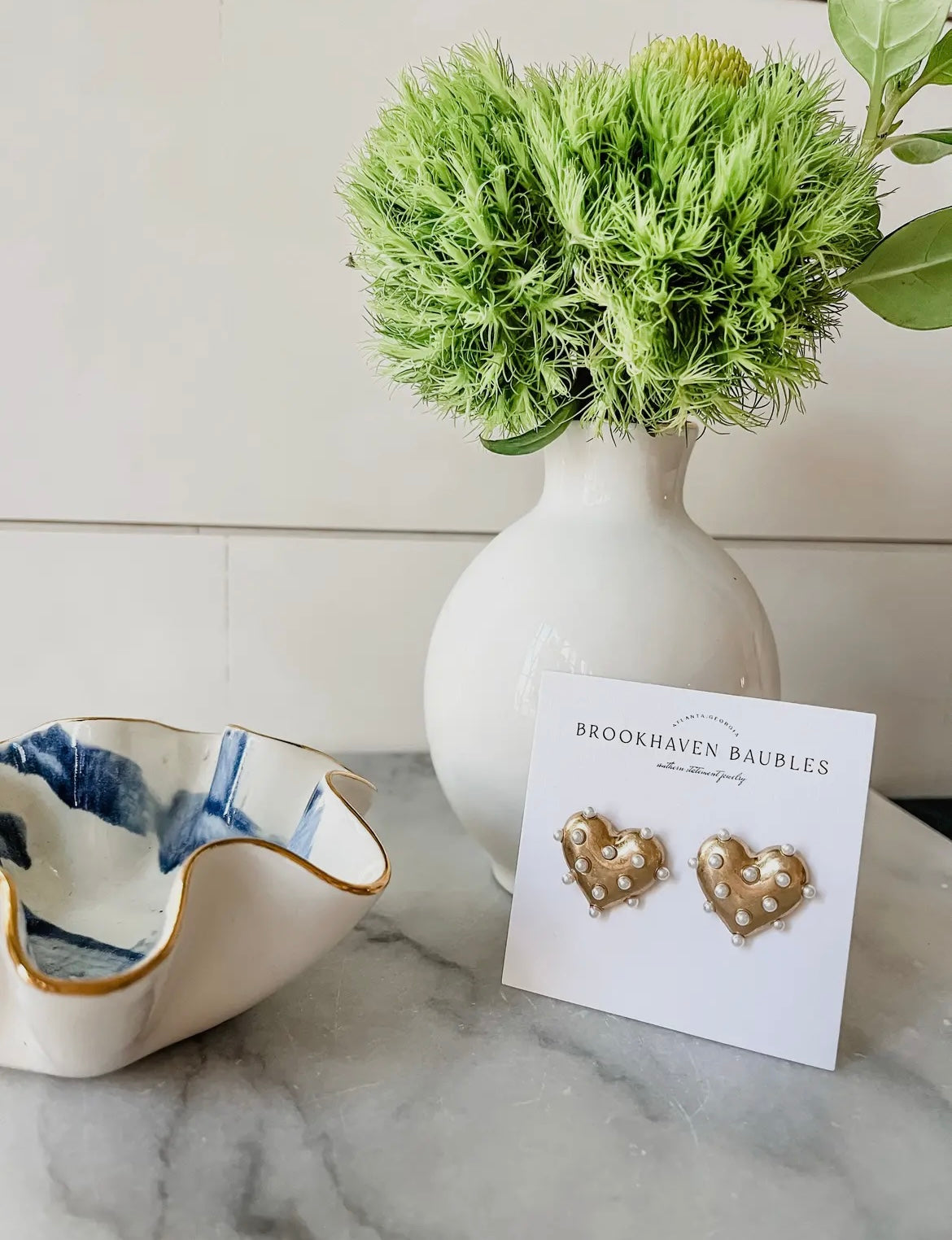 Gold Pearl Heart Statement Studs
