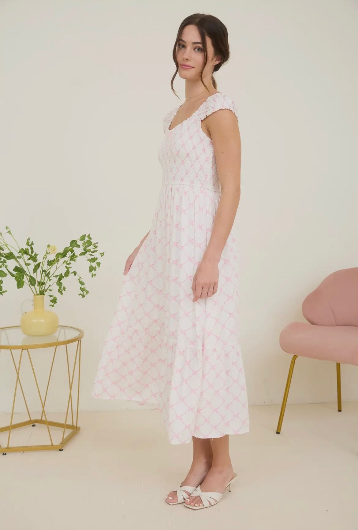 BOW SMOCKED MIDI DRESS