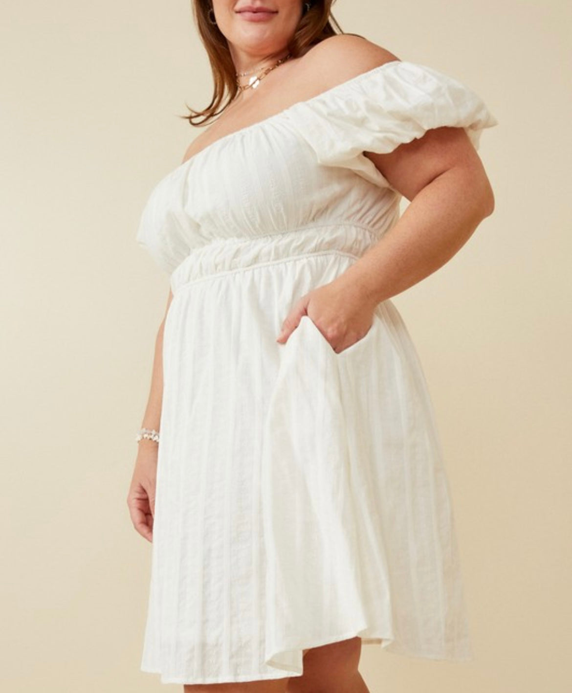 OFF WHITE EMBROIDERY OFF SHOULDER PUFF DRESS