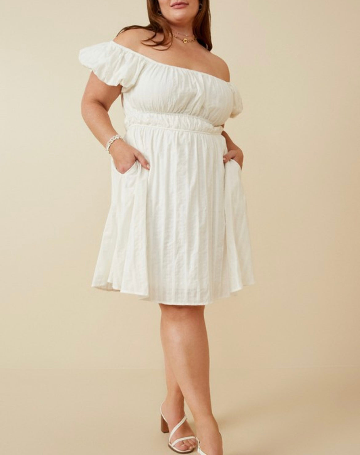 OFF WHITE EMBROIDERY OFF SHOULDER PUFF DRESS