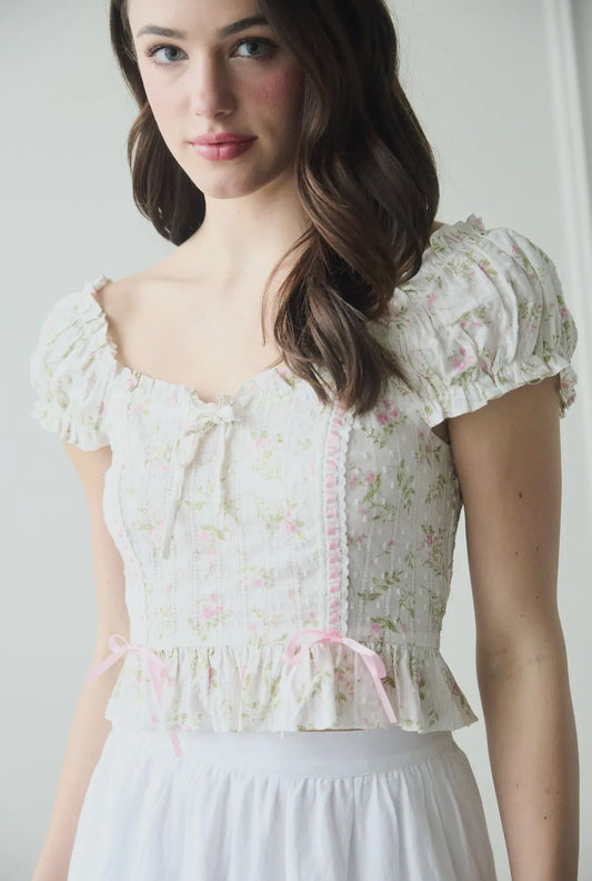 Floral Ribbon Detail Crop Top-Pink