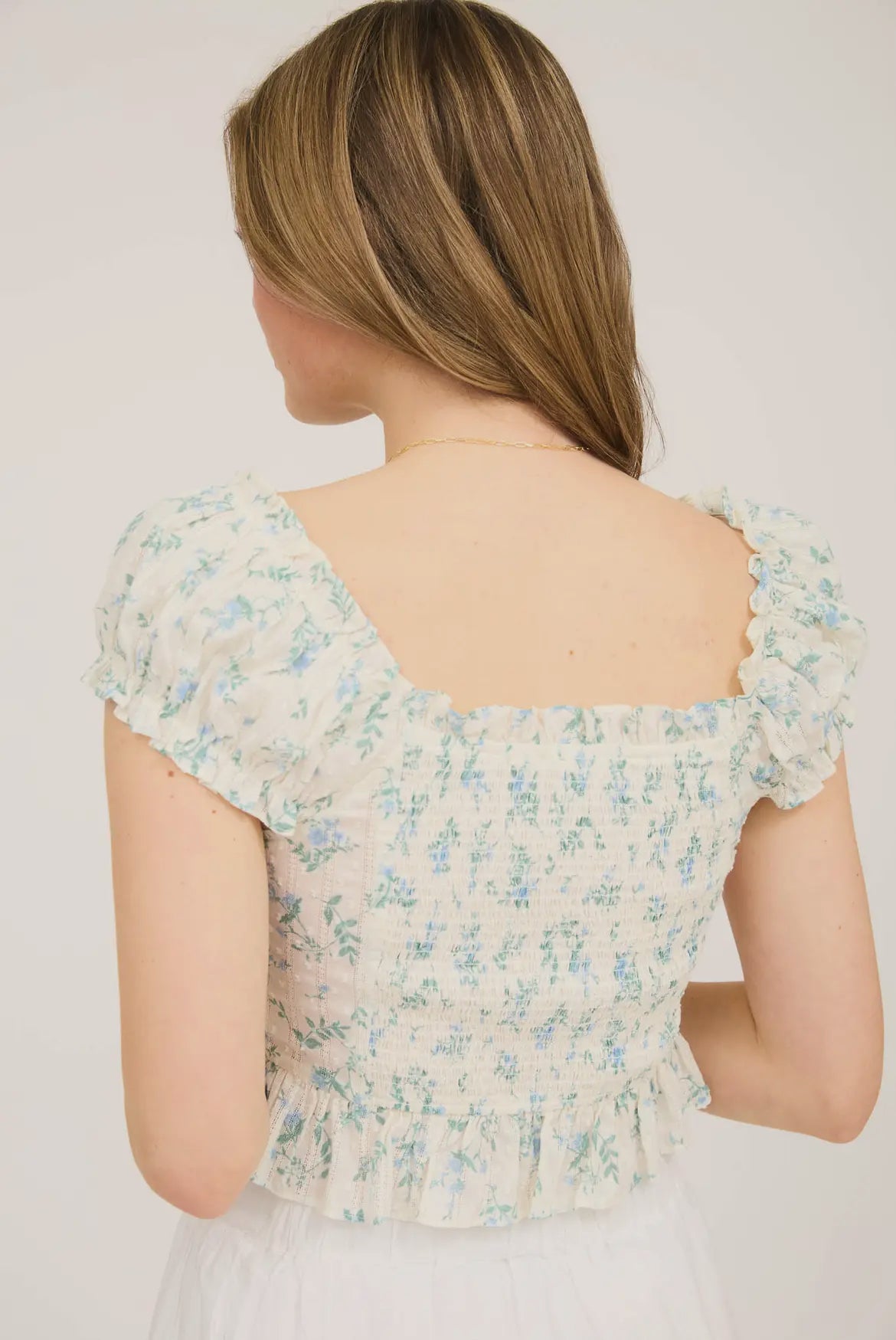 Floral Dot Ribbon Detail Crop Top- Blue