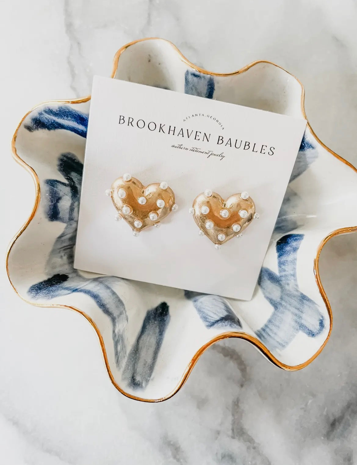 Gold Pearl Heart Statement Studs