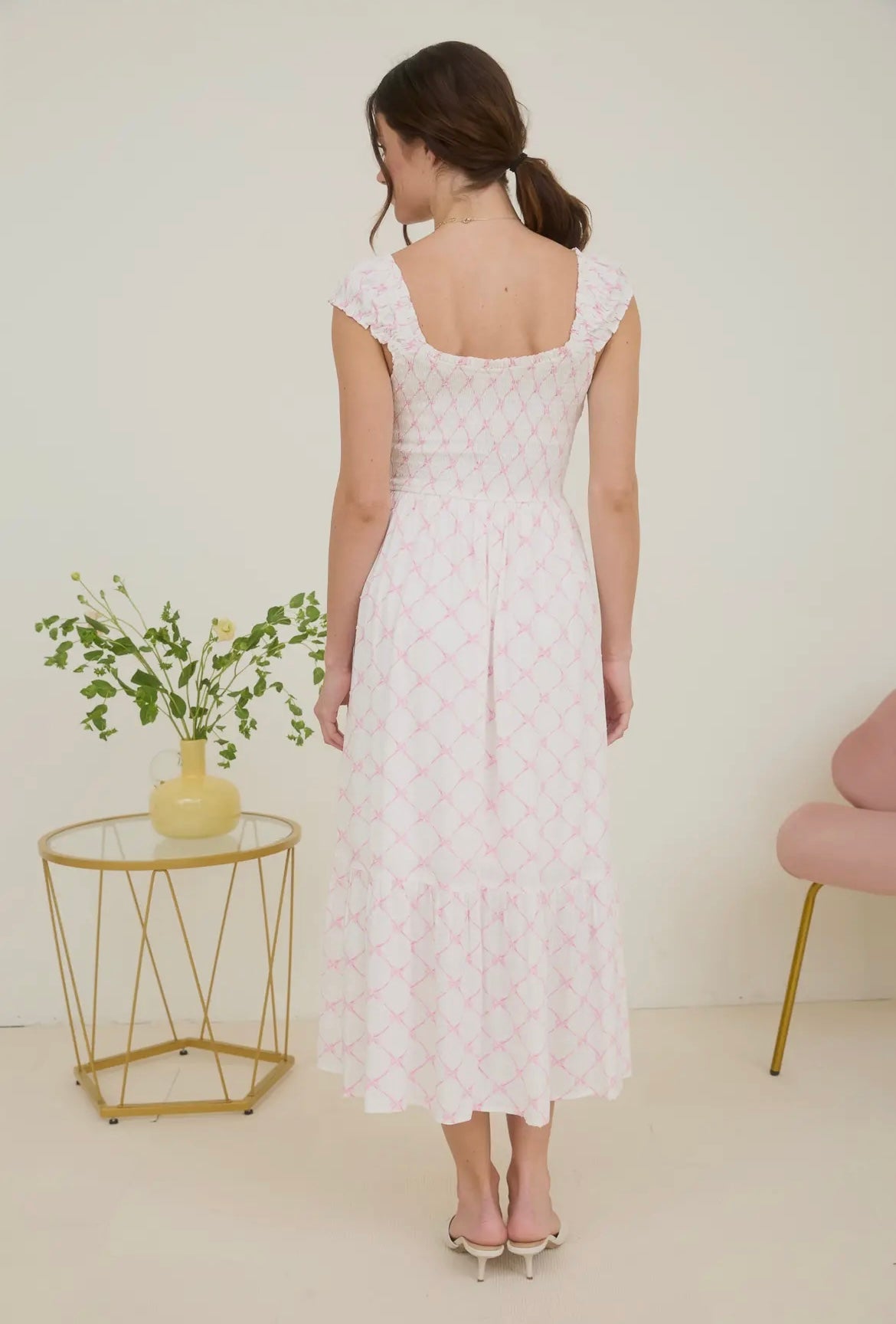 BOW SMOCKED MIDI DRESS