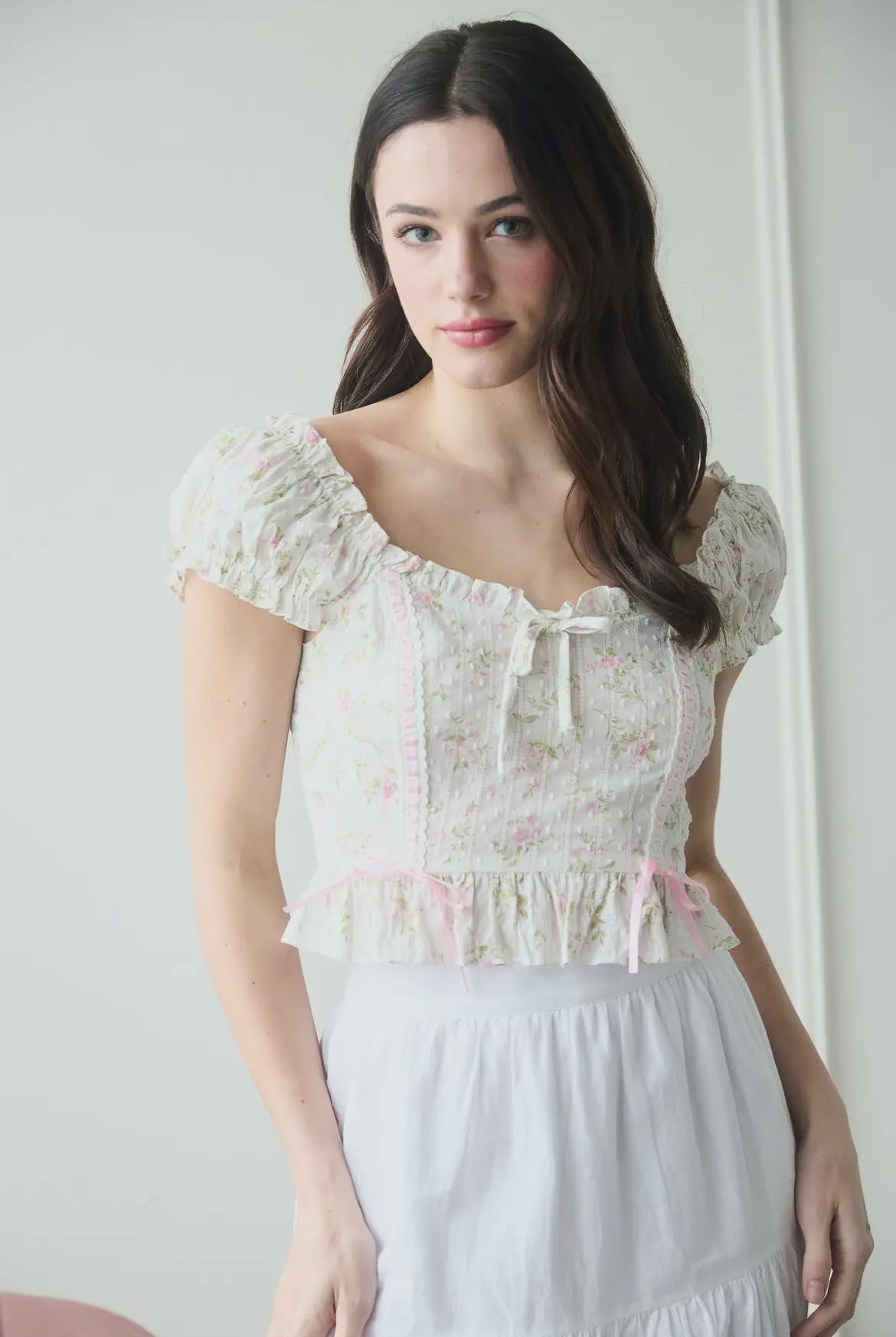 Floral Ribbon Detail Crop Top-Pink