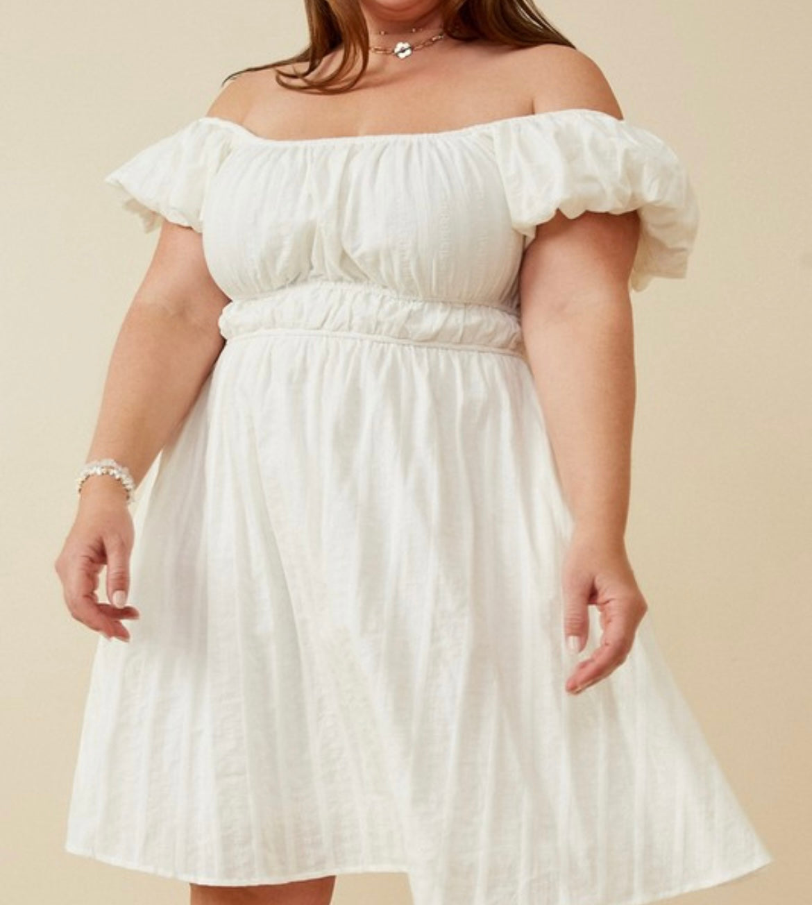 OFF WHITE EMBROIDERY OFF SHOULDER PUFF DRESS