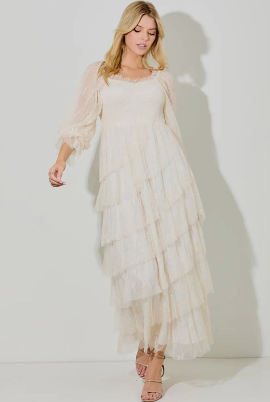 Lace Tiered Maxi Dress- Cream