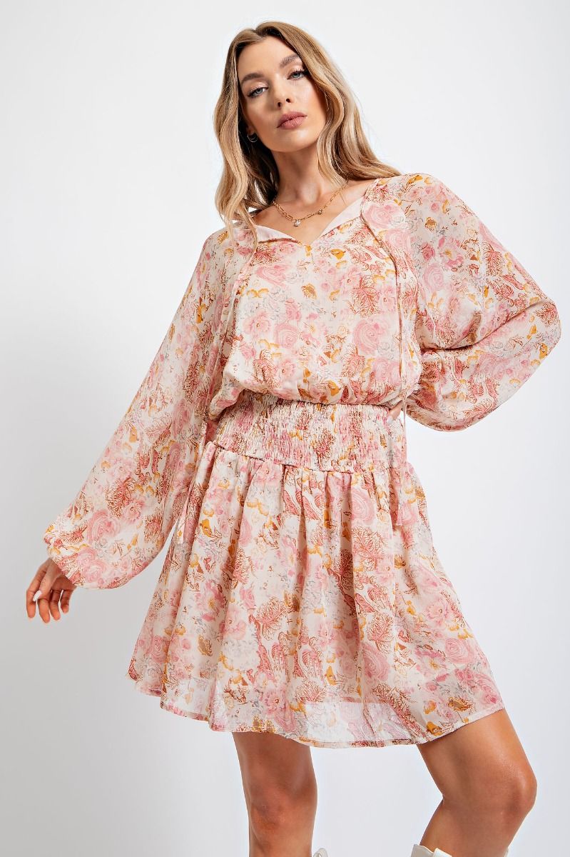 NATURAL ROSE SMOCKED BUBBLE SLEEVE DRESS