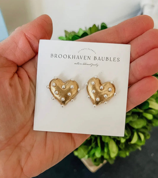 Gold Pearl Heart Statement Studs