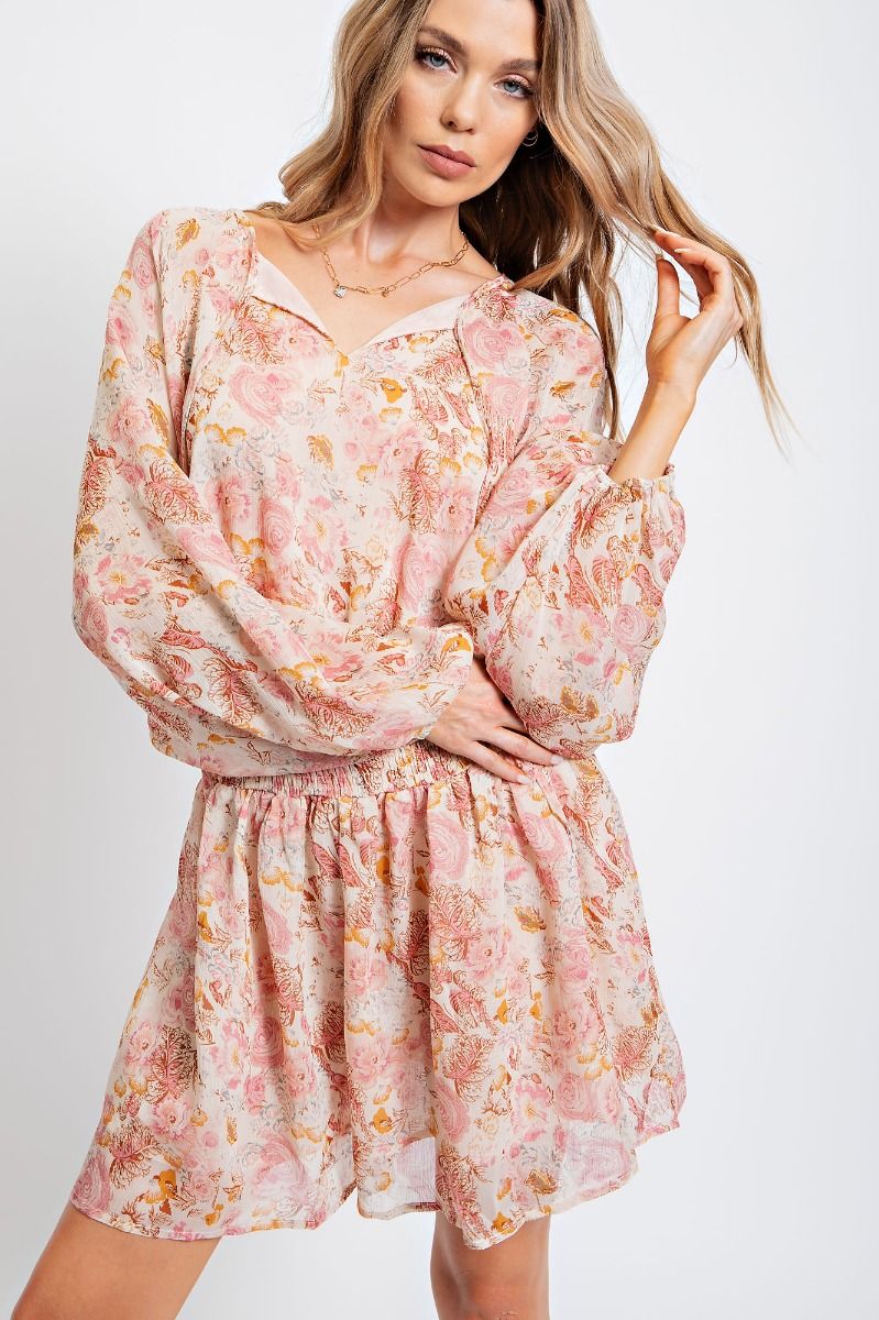 NATURAL ROSE SMOCKED BUBBLE SLEEVE DRESS