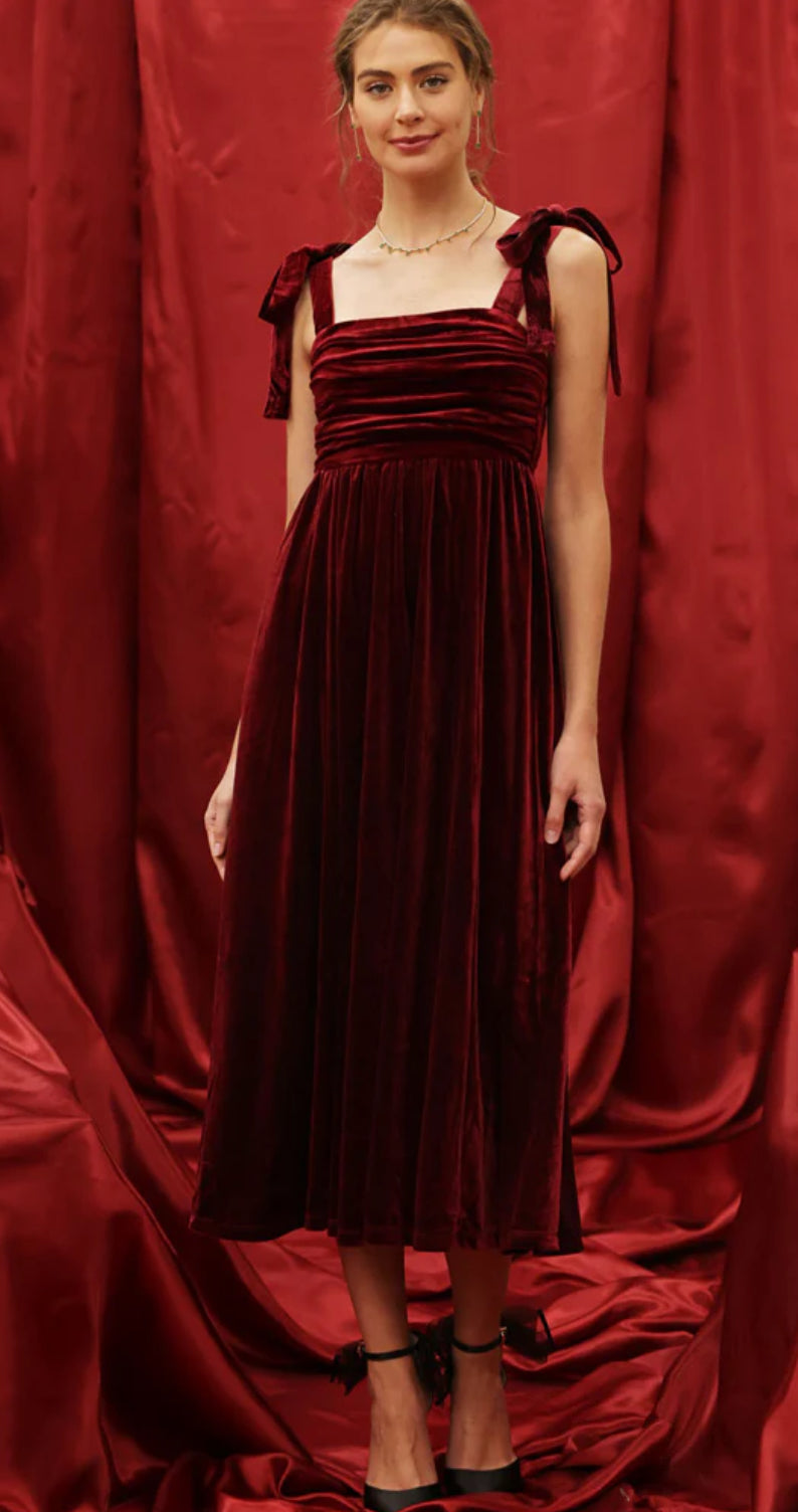 BURGUNDY VELVET MIDI DRESS