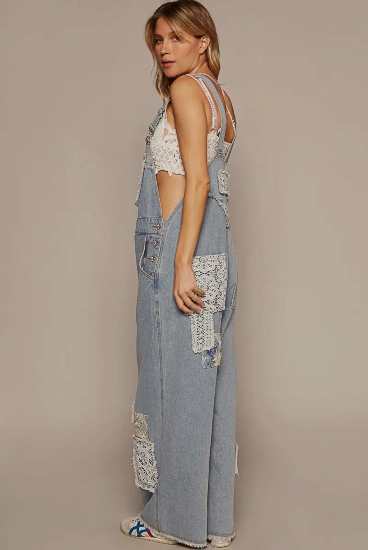 Crochet Patchwork Detail Casual
Denim Overalls