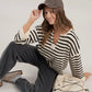 STRIPE SPLIT NECK LONG SLEEVE KNIT SWEATER-CREAM