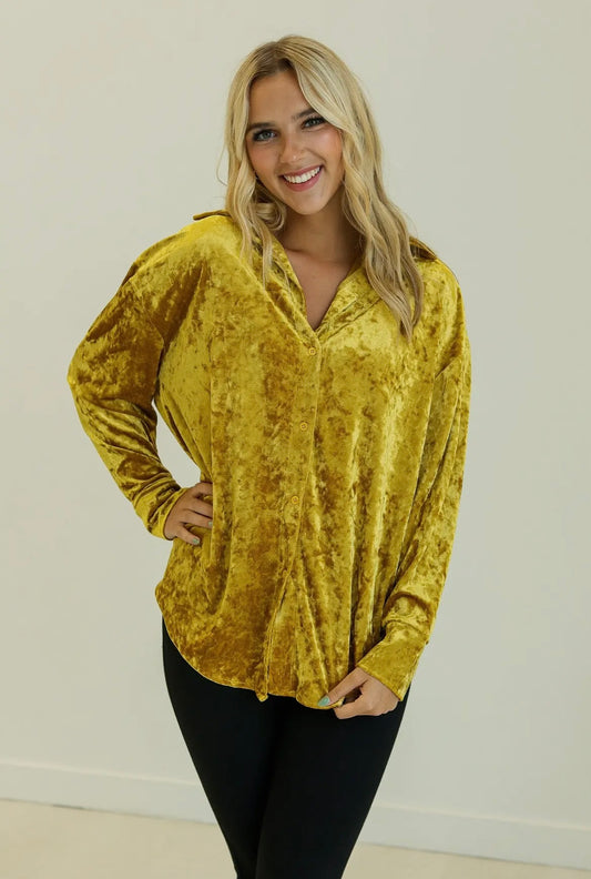 KATHRYN CLASSIC BUTTON-UP, MUSTARD VELVET