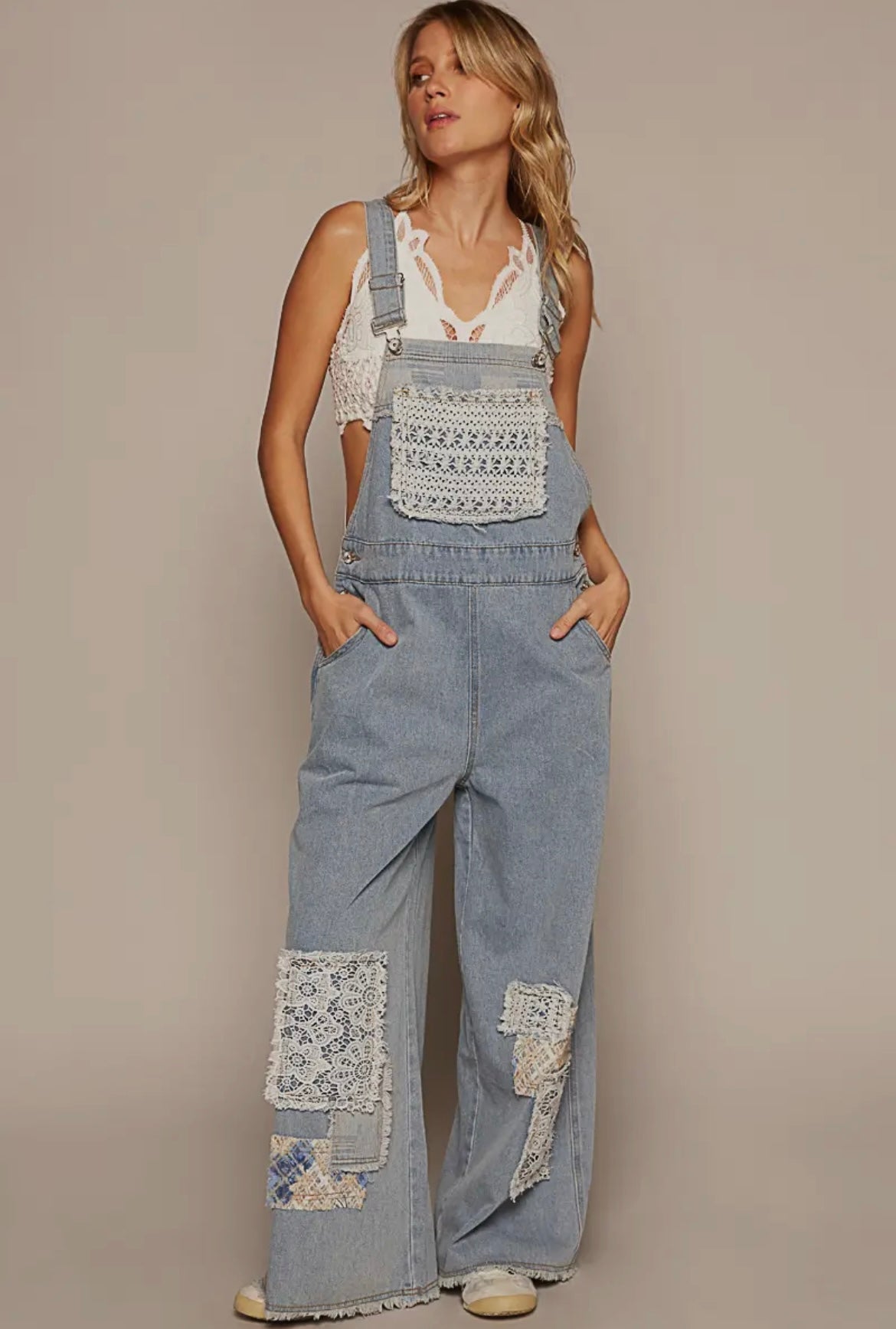 Crochet Patchwork Detail Casual
Denim Overalls