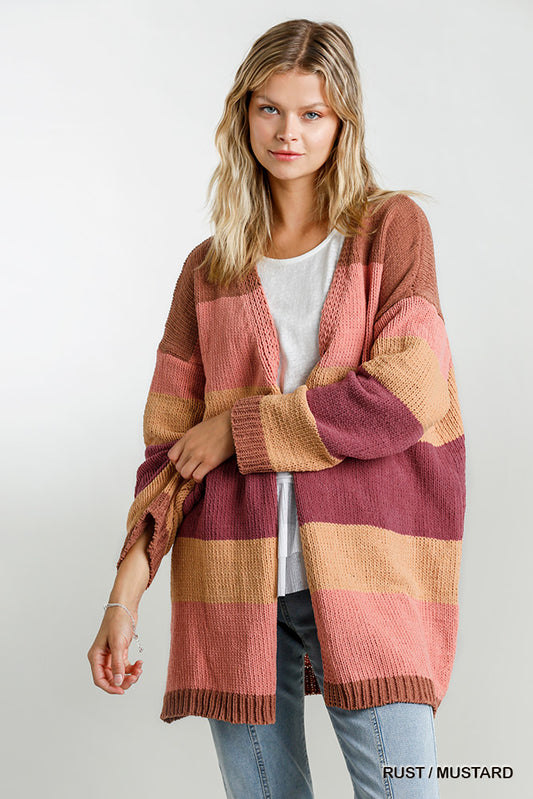 RUST + MUSTARD OPEN FRONT CARDIGAN